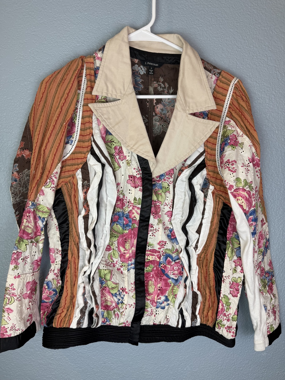 J Peterman Jacket Womens 4 Boho Patchwork Ruffle Floral Embroidered India